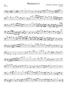 Partition viole de basse, basse clef, fantaisies pour 3 violes de gambe par Orlando Gibbons