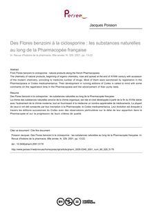 Des Flores benzoini à la ciclosporine : les substances naturelles au long de la Pharmacopée française - article ; n°329 ; vol.89, pg 13-22