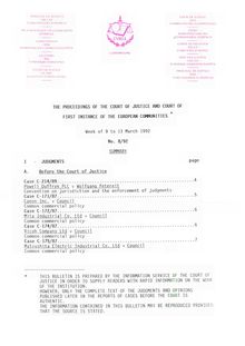 THE PROCEEDINGS OF THE COURT OF JUSTICE AND COURT OF FIRST INSTANCE OF THE EUROPEAN COMMUNITIES. Week of 9 to 13 March 1992 No. 8/92