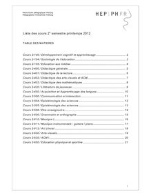 Liste des cours 2 semestre printemps 2012