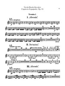 Partition trompette 1, 2 (A, B♭), Spanish Capriccio, Каприччио на испанские темы&nbsp;; Испанское каприччио&nbsp;; Capriccio espagnol&nbsp;; Capriccio on Spanish Themes