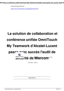 La solution de collaboration et conférence unifiée OmniTouch My  Teamwork d Alcatel-Lucent passe 