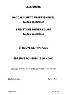 Bac 2017 séries pro Français 