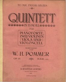 Partition Color Covers, Piano quintette, D minor, Pommer, William Henry