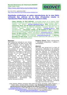 Resultados productivos en patos reproductores de la raza Pekín utilizando dos aditivos en la dieta (Productive results in reproductive Pekin ducks using two aditive in diet)