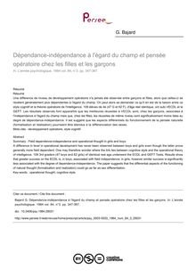 Dépendance-indépendance à l égard du champ et pensée opératoire chez les filles et les garçons - article ; n°3 ; vol.84, pg 347-367