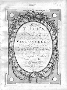 Partition violoncelle, 6 corde Trios, Op.2, Six trios (sonatas) for a violin, tenor, and violoncello, op. II, by Joseph Gehot.