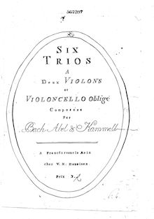 Partition violon 2, 6 Trio sonates, Six trios a deux violons et violoncello obligé. Composées par Bach, Abel & Kammell.