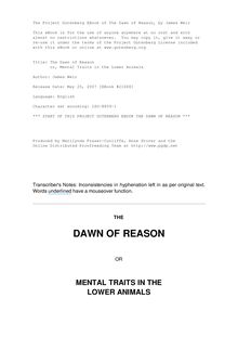The Dawn of Reason - or, Mental Traits in the Lower Animals