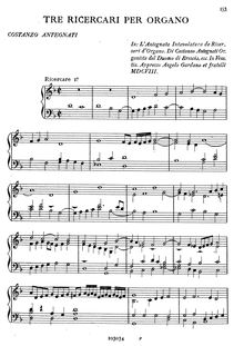 Partition complète, 3 Ricercare pour orgue, 3 Ricercare per Organo