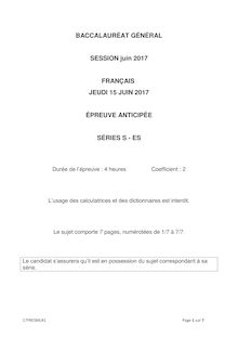 Les sujets de français du bac 2017 séries ES et S