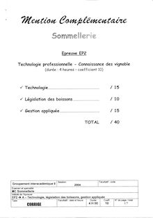 Corrige MC SOMMELLERIE Technologie  legislation des boissons  et gestion appliquee 2004