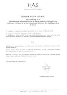Commission de Certification des Établissements de Santé (CCES) - Règlement intérieur de la commission certification des établissements de santé - modifié par Décision n°2010.10.036/MJ du 13 octobre 2010