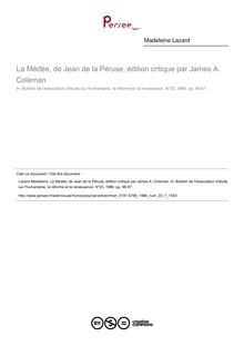 La Médée, de Jean de la Péruse, édition critique par James A. Coleman  ; n°1 ; vol.23, pg 96-97