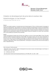 Création et développement de pme dans le secteur des biotechnologies: le cas français - article ; n°1 ; vol.263, pg 2-15