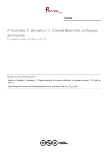 A. Queffelec, F. Benzakour, Y. Cherrad Benchefra, Le français au Maghreb  ; n°1 ; vol.76, pg 111-112