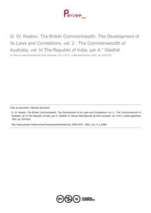 G. W. Keeton, The British Commontoealth. The Development of its Laws and Constations, vol. 2 : The Commonwecdth of Australia, vol. ht The Republic of India, par A. Gledhill - note biblio ; n°3 ; vol.4, pg 633-635