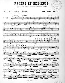 Partition de violon, Prière et Berceuse, Sarasate, Pablo de par Pablo de Sarasate