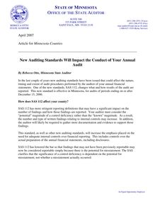  New Auditing Standards Will Impact the Conduct of Your Annual Audit - April 2007, Minnesota Counties