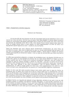 la lettre de l ADA Blois 41 envoyée le 14 avril 2017 à la FFBB, la LNB et la Ligue du Centre