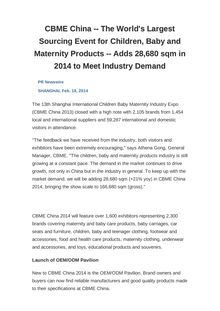 CBME China -- The World s Largest Sourcing Event for Children, Baby and Maternity Products -- Adds 28,680 sqm in 2014 to Meet Industry Demand