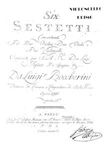 Partition violoncelle 1, 6 corde sextuors, G.454-459 (Op.23), Six Sestetti Concertanti