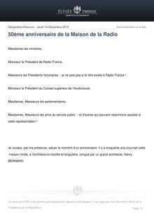 50ème anniversaire de la Maison de la Radio : Discours de François Hollande