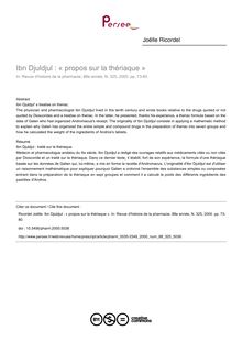 Ibn Djuldjul : « propos sur la thériaque » - article ; n°325 ; vol.88, pg 73-80