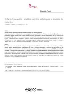 Enfants hyperactifs : troubles cognitifs spécifiques et troubles de l attention - article ; n°2 ; vol.52, pg 137-156