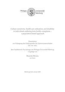 Culture sensitivity, health care utilization, and disability in individuals suffering from bodily complaints [Elektronische Ressource] : a population-based approach / vorgelegt von Ricarda Mewes