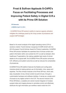 Frost & Sullivan Applauds S-CAPE s Focus on Facilitating Processes and Improving Patient Safety in Digital O.R.s with its Prime OR Solution
