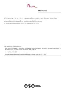 Chronique de la concurrence - Les pratiques discriminatoires dans les relations fournisseurs-distributeurs - article ; n°1 ; vol.72, pg 81-97
