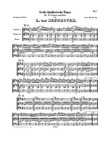 Partition complète, 6 Ländler pour Two violons et basse (violoncelle), WoO 15 par Ludwig van Beethoven