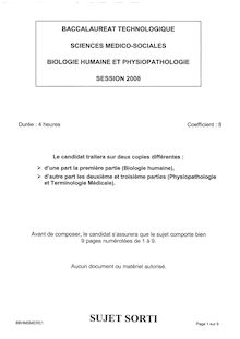 Biologie humaine et physiopathologie 2008 S.M.S (Sciences Médico-Sociales) Baccalauréat technologique