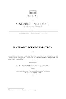 Rapport d information fait au nom de la commission des lois constitutionnelles, de la législation et de l administration générale de la République sur la clarification des compétences des collectivités territoriales