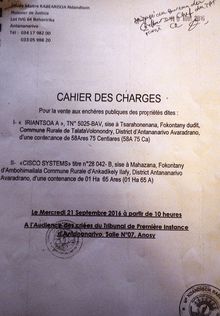 RANARISON Tsilavo cahier des charges des vente forcée aux enchères publiques établi par un huissier de justice