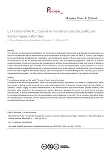 La France entre l Europe et le monde Le cas des politiques économiques nationales - article ; n°1 ; vol.49, pg 51-78