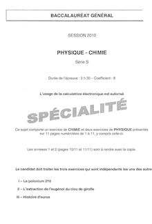Physique-Chimie Specialité 2010 Scientifique Baccalauréat général