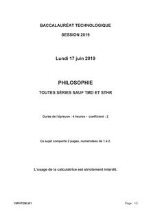 Baccalauréat technologique 2019 Philosophie (sauf TMD et STHR)