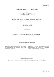 Bac 2015 Série S Sciences de l ingénieur