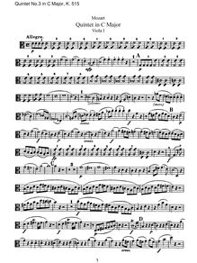 Partition viole de gambe I, corde quintette No.3, C major, Mozart, Wolfgang Amadeus
