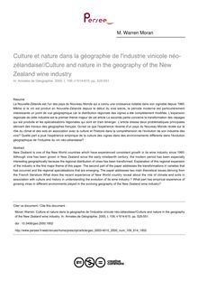 Culture et nature dans la géographie de l industrie vinicole néo-zélandaise//Culture and nature in the geography of the New Zealand wine industry - article ; n°614 ; vol.109, pg 525-551