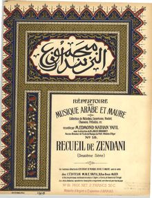 Partition , Zendani (2e), Répertoire de musique arabe et maure : collection de mélodies, ouvertures, noubet, chansons, préludes, etc.