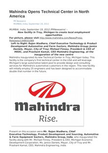 Mahindra Opens Technical Center in North America