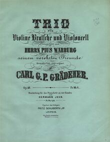 Partition couverture couleur, corde Trio, G minor, Grädener, Carl Georg Peter