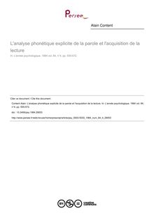L analyse phonétique explicite de la parole et l acquisition de la lecture - article ; n°4 ; vol.84, pg 555-572