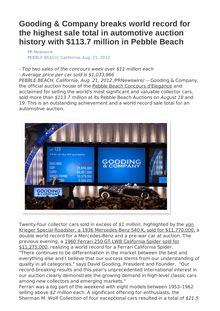 Gooding & Company breaks world record for the highest sale total in automotive auction history with $113.7 million in Pebble Beach