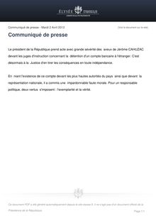 Communiqué de presse de l Elysée concernant Jérôme Cahuzac