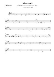 Partition Stimme 2 (aigu clef), Allemande 1735, Satz zur Melodie einer Allemande des Ochsenhausener Orgelbuchs