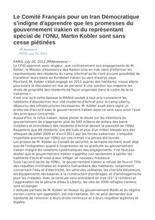Le Comité Français pour un Iran Démocratique s indigne d apprendre que les promesses du gouvernement irakien et du représentant spécial de l ONU, Martin Kobler sont sans cesse piétinées